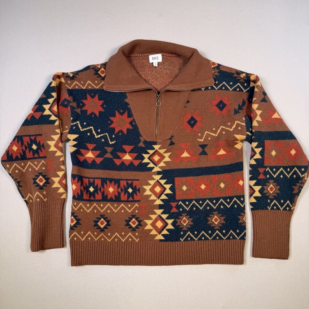 BKE Sweater Mens Small Brown Aztec Western 1/4 Zip Collared Knit Pullover